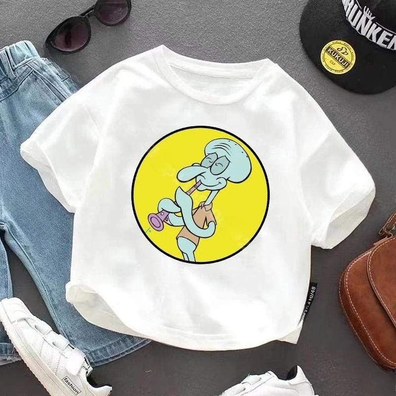 SpongeBob SquarePanted Child Short Sleeve TShirt Anime Character Print Cotton Pullover Boys Girls Summer Casual Crew Neck Tops