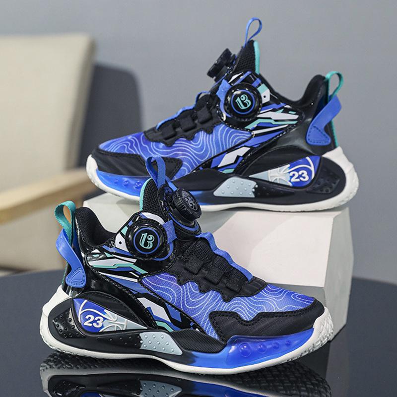 Boys' sneakers mesh breathable 2025 summer new button basketball shoes student fashion middle and older children's shoes trend