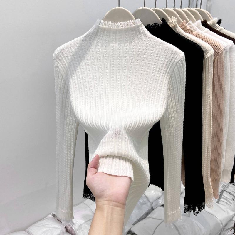 Spring Lace Splicing Semi-turtleneck Knitted Sweater Women's Design Sense Slim Fit Bottoming Shirt Sweet Wind Sweater