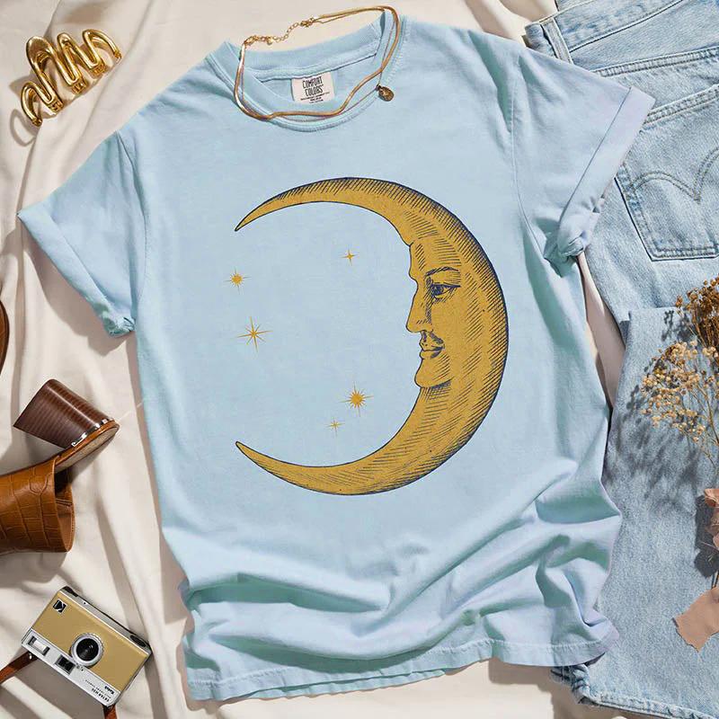 Women Retro Loose Short Sleeve Top Boho Moon Print Shirt Comfort 100 Cotton Crewneck Tshirt Casual Daily Fashion Streetwear