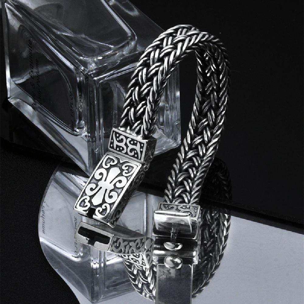 HX Silver Color New Retro Hand-woven Wide Thick Bracelet Trendy Men Hip-hop Cuban High-end Gift Temperament All-match Jewelry