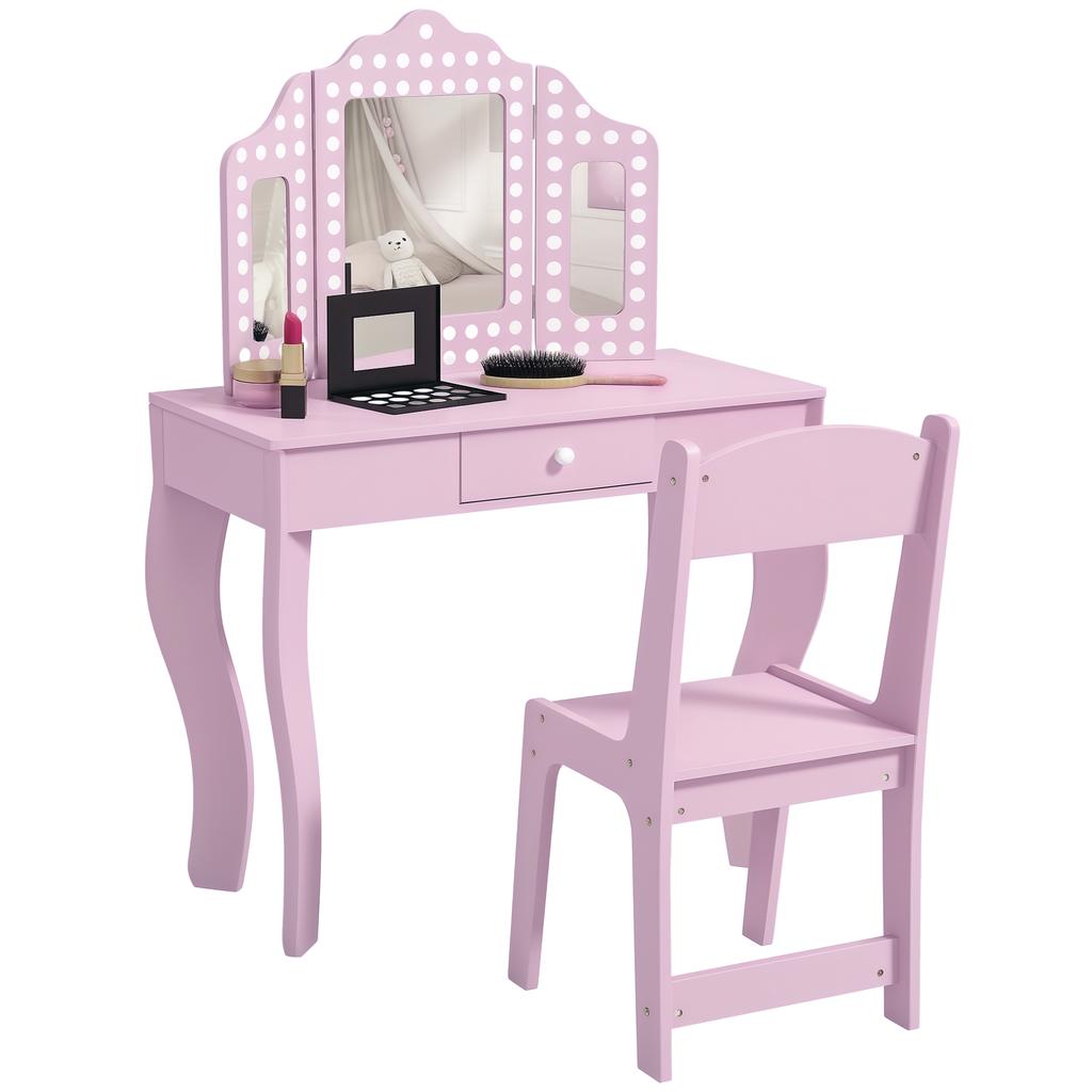 Kids Dressing Table Sets with Stool and Tri-Fold Mirror, Drawer for Playroom, Bedroom - Pink