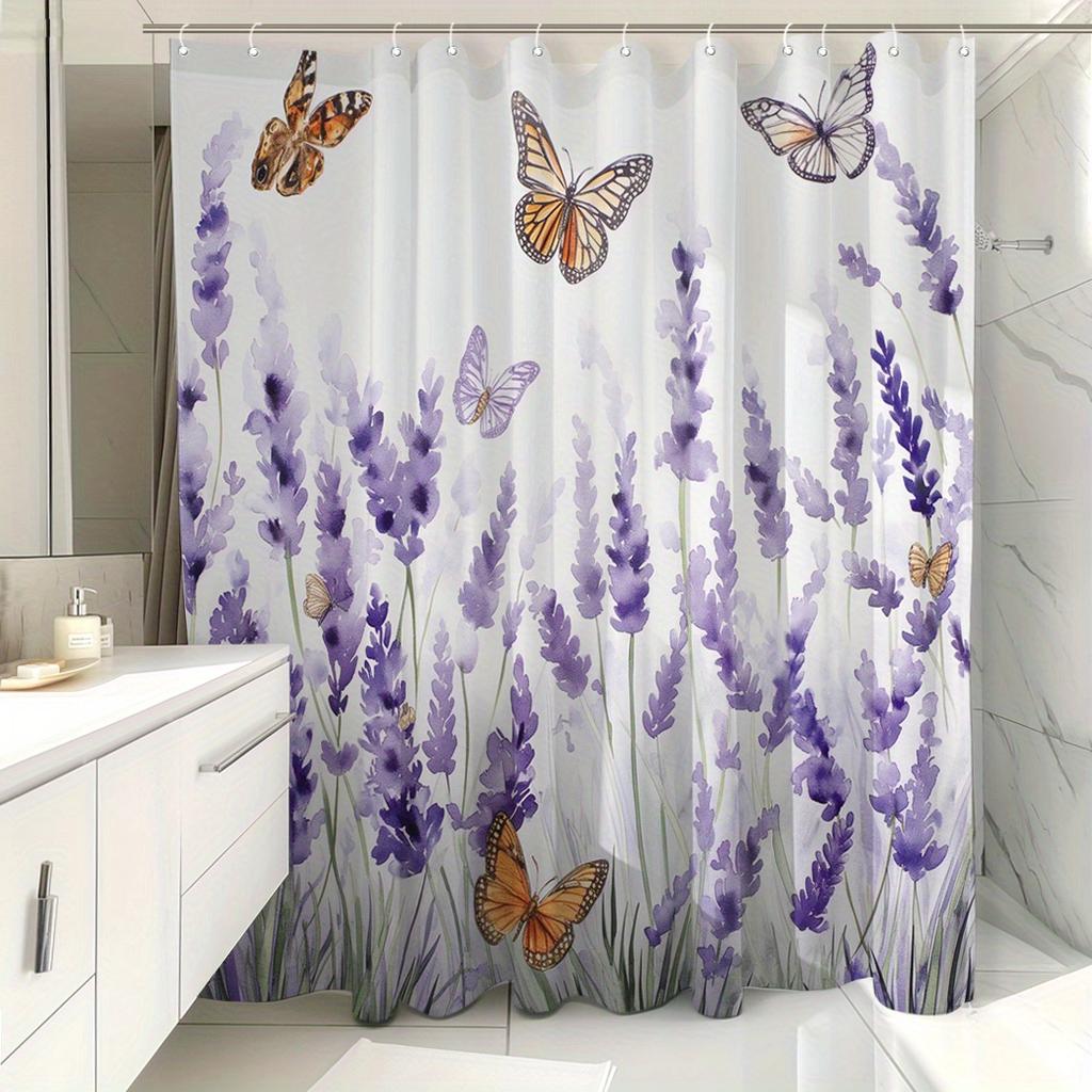 1pc Butterfly Lavender Shower Curtain - Waterproof, Durable, Includes 12 Hooks, Decorative Bathtub Partition