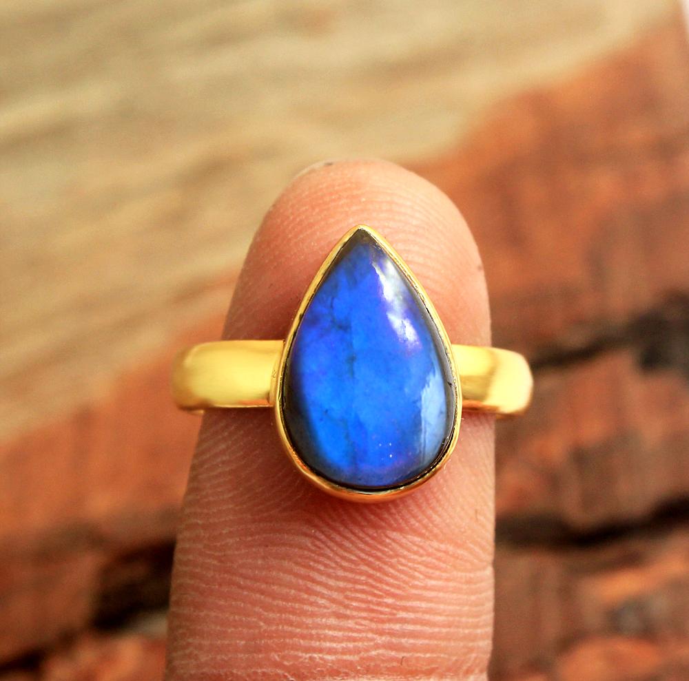 Labradorite Gemstone Gold Plated Ring 925 Sterling Silver Handmade Jewelry