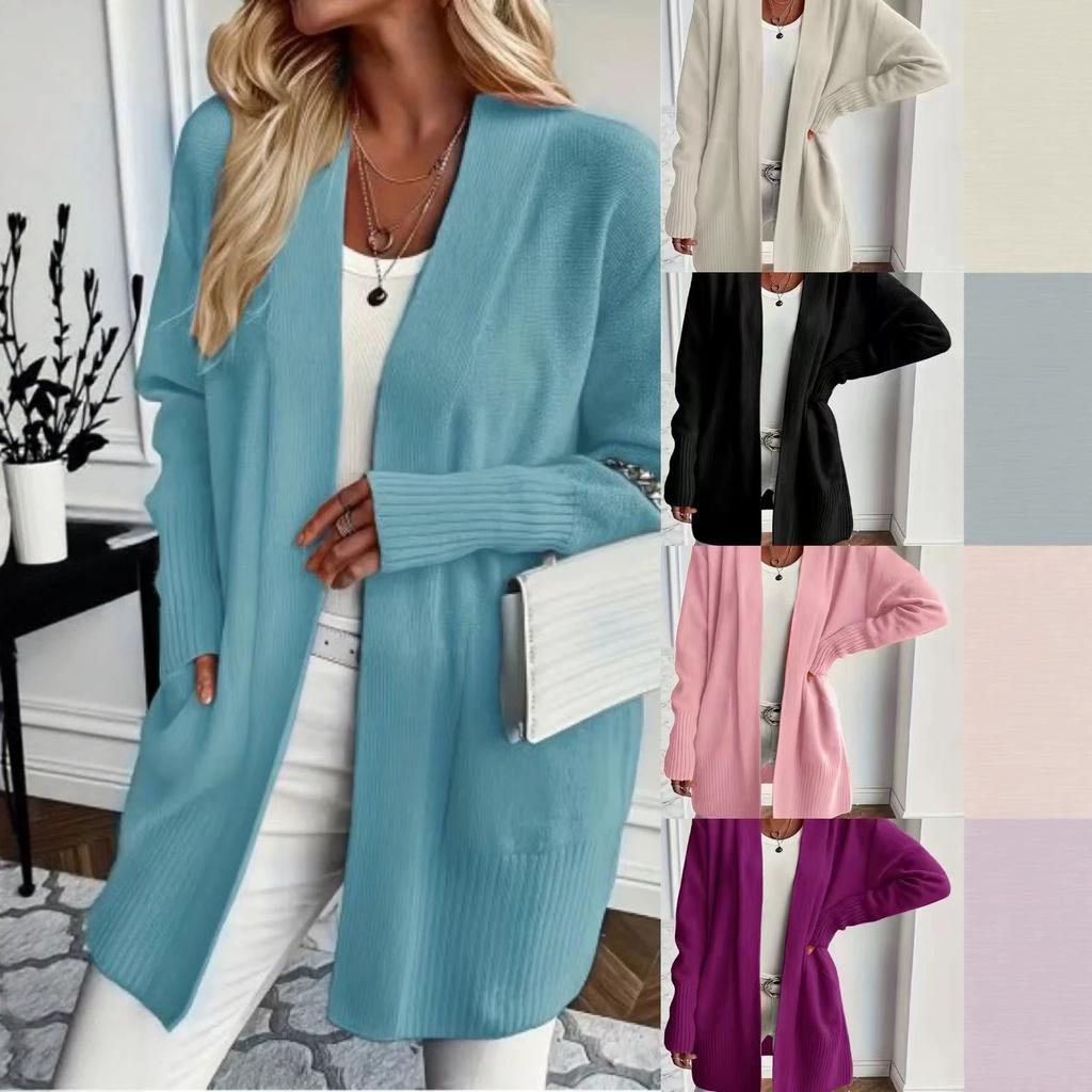 Women's Plus Size Knit Cardigan with Pockets, Relaxed Shawl Style Long Sweater Jacket