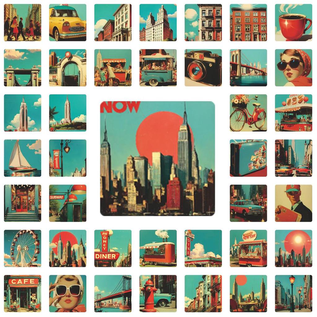 50 Autocollants Rétro Scenery de Villes Américaines pour Scrapbooks & Carnets