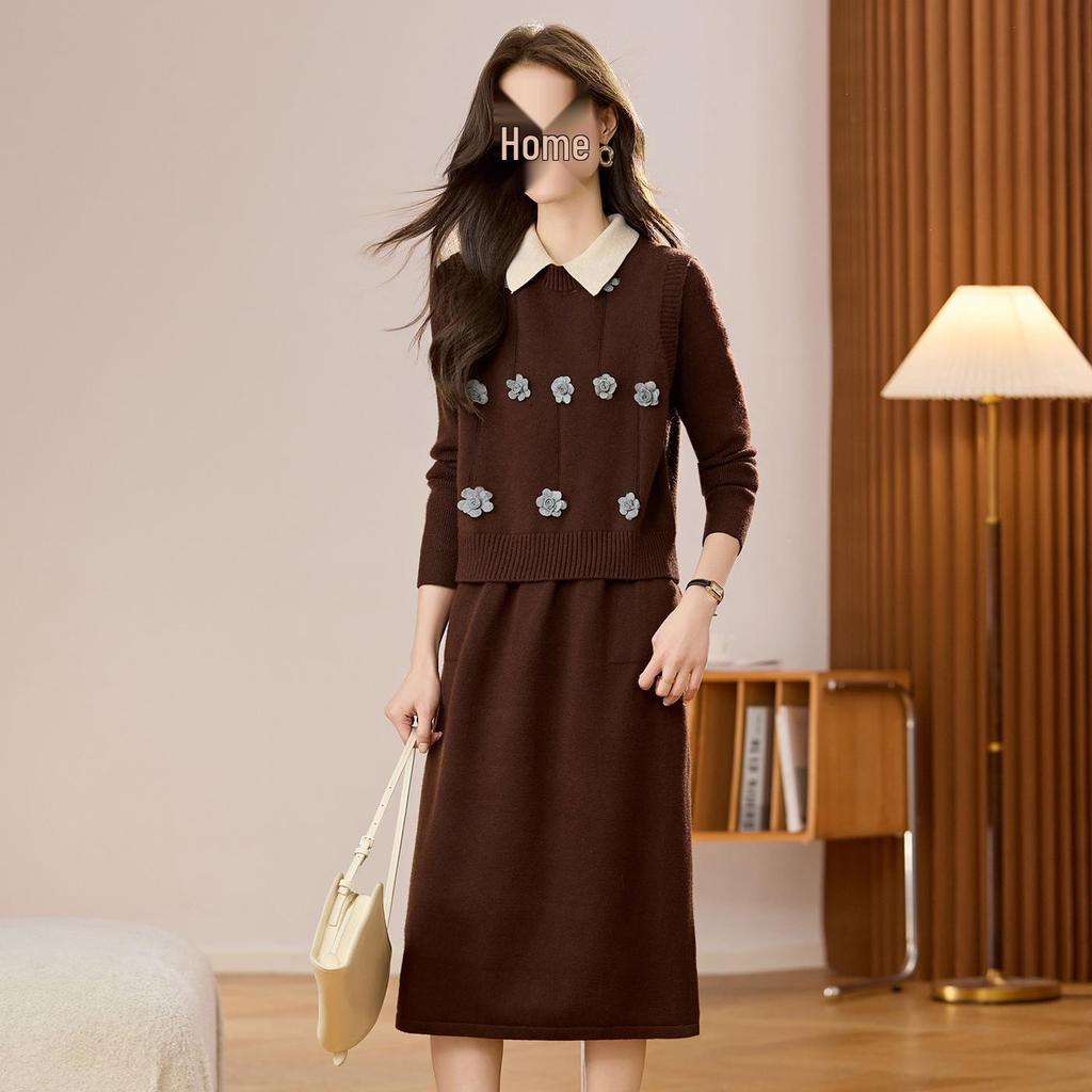 High-End Women's Knit Vest Dress Set with 3D Floral Design - Slimming Two-Piece for Fall/Winter