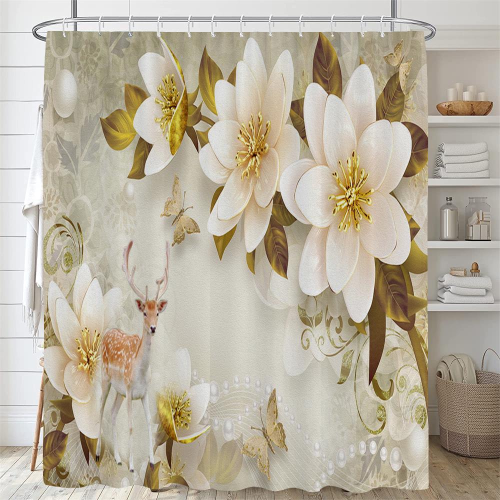 3D European Beautiful Flower Printing Bathroom Curtain Waterproof Polyester Shower Curtain Home Decoration Curtain with Hooks
