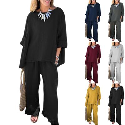 Women's Loose Comfortable Casual Fashionable Cotton And Linen Solid Color Elbow Sleeved Top And Pants Two-piece Set