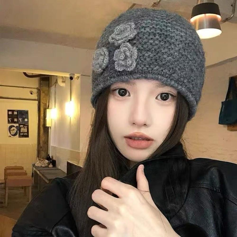 Elastic Winter Warm Hat Solid Color Flower Beanie Hat Sweet Knitted Woolen Hat Girl