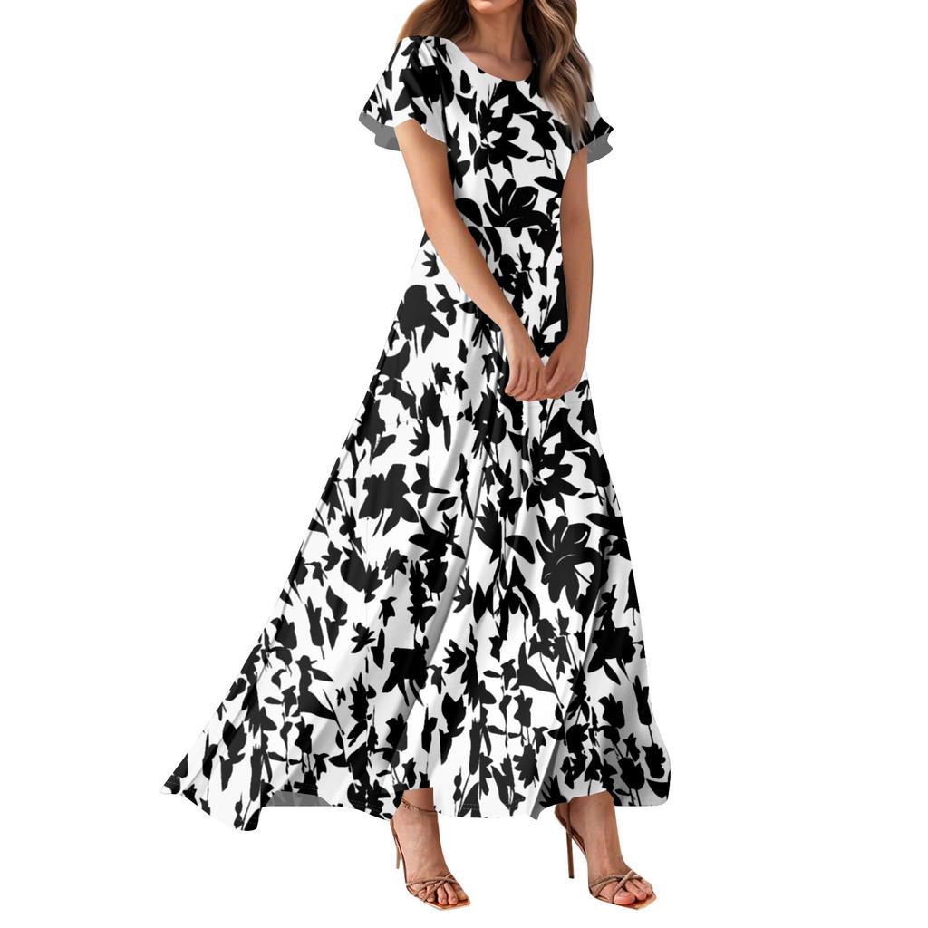 Women's Bohemian Print Casual Round Neck Short Sleeve High Waist Dress Elegant Dress