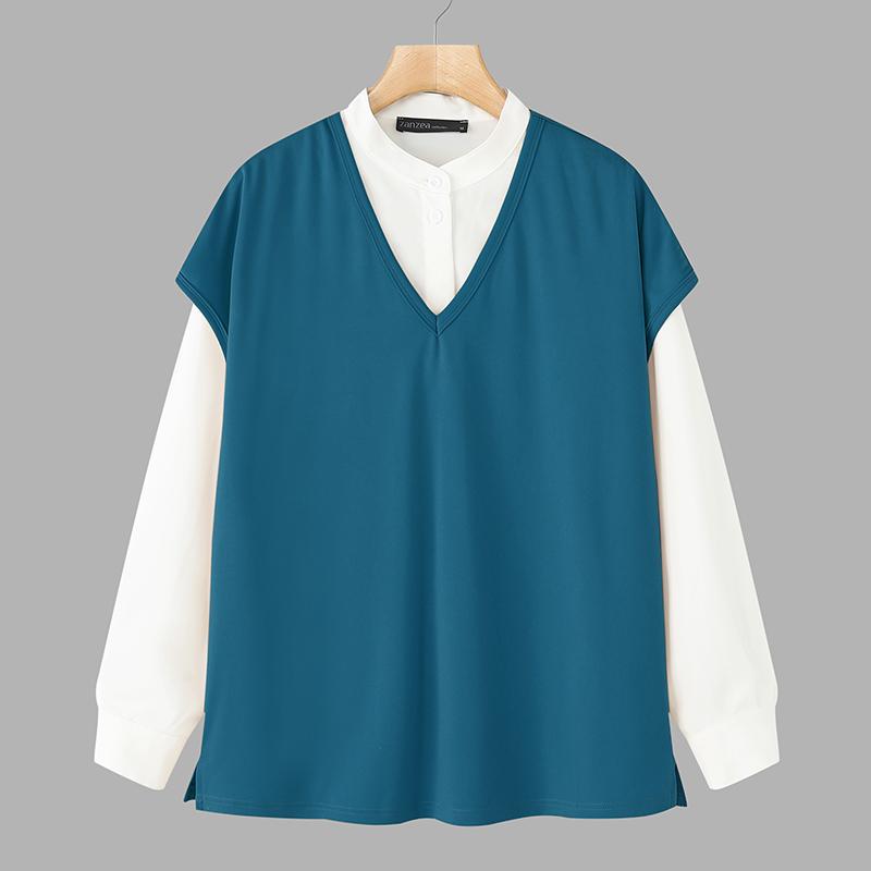 

ZANZEA Женская повседневная лоскутная свободная блузка с длинным рукавом на осень 5XL синий