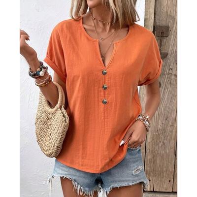 2025 Sommer V-Ausschnitt Kurzarm Damen T-Shirt Knöpfe Übergröße Mode Lässig Büro Einfache Bluse Einfarbig Locker Oberteil Damenbekleidung