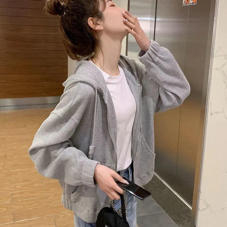 

Куртка-кардиган с капюшоном, женская, новая, осенняя, корейская версия, спортивная, свободная, для отдыха, тонкая, на молнии, свитер для женщин 2XL