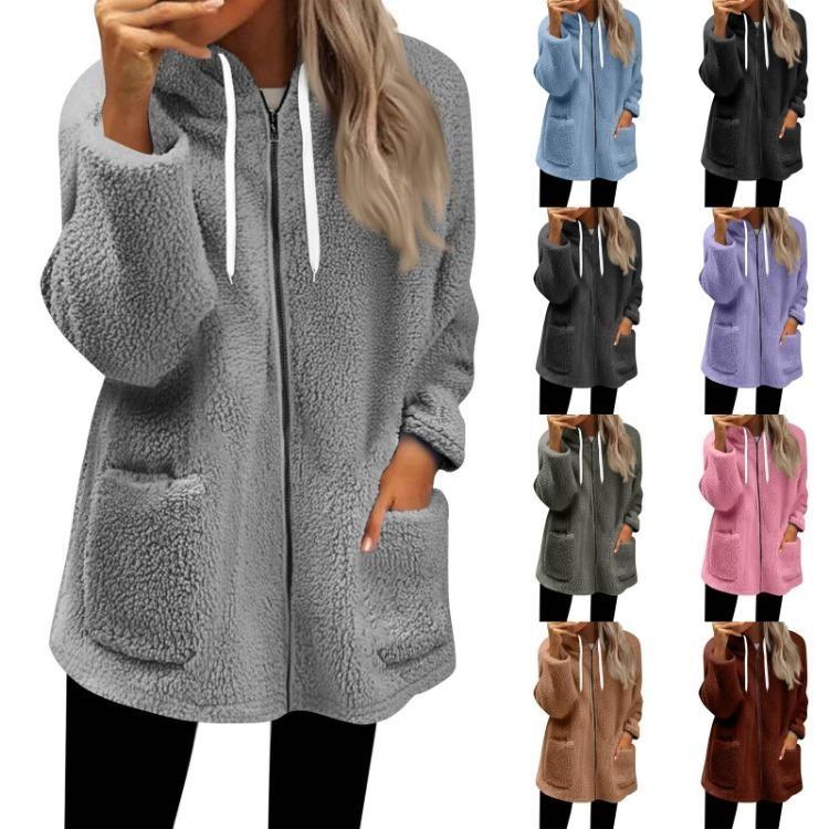 Fall Casual Oversized Fleece Hoodie Women Long Sleeve Zip Up Pullover Hooded Sweatshirt Jacket