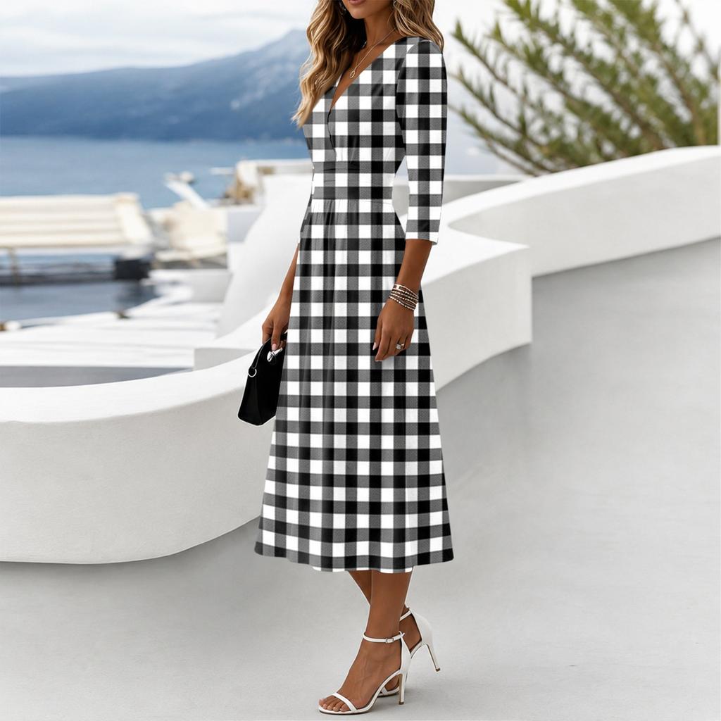 Women's Gradient Casual Dress with Three-Quarter Sleeves, V-Neck and Back Zipper for Everyday Wear