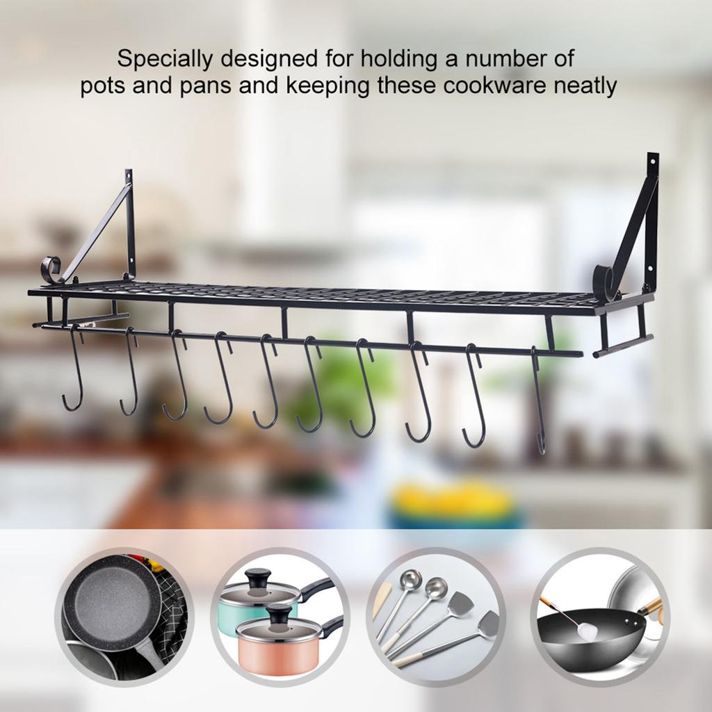 Metal Hanging Pan Pot Rack Wall Mounted with 10 Hook Holders Kitchen Storage Organizer
