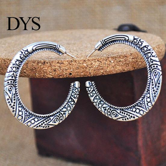 Vintage Big Circle Tibetan Carving Hoop Earrings Women Statement Jewelry Gift