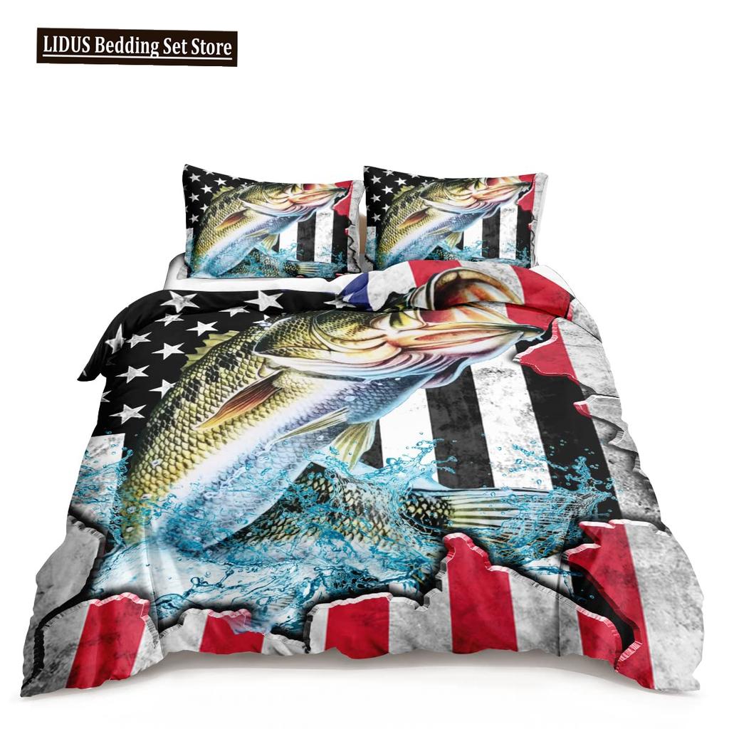 Pike Fish Bedding Striped Bass Big Pattern Hunting And Fishing Themed Duvet Cover For Kids Boys BedRoom Decorations For Teens