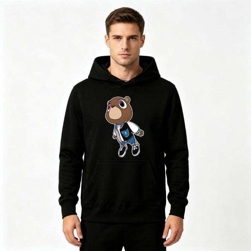 Adult Men Hip Hop Big Eye Cartoon Bear Print Hoodie, Long Sleeve Loose Casual Pullover Sweatshirt, Fashion Streetwear Top For Daily Outdoor Wear