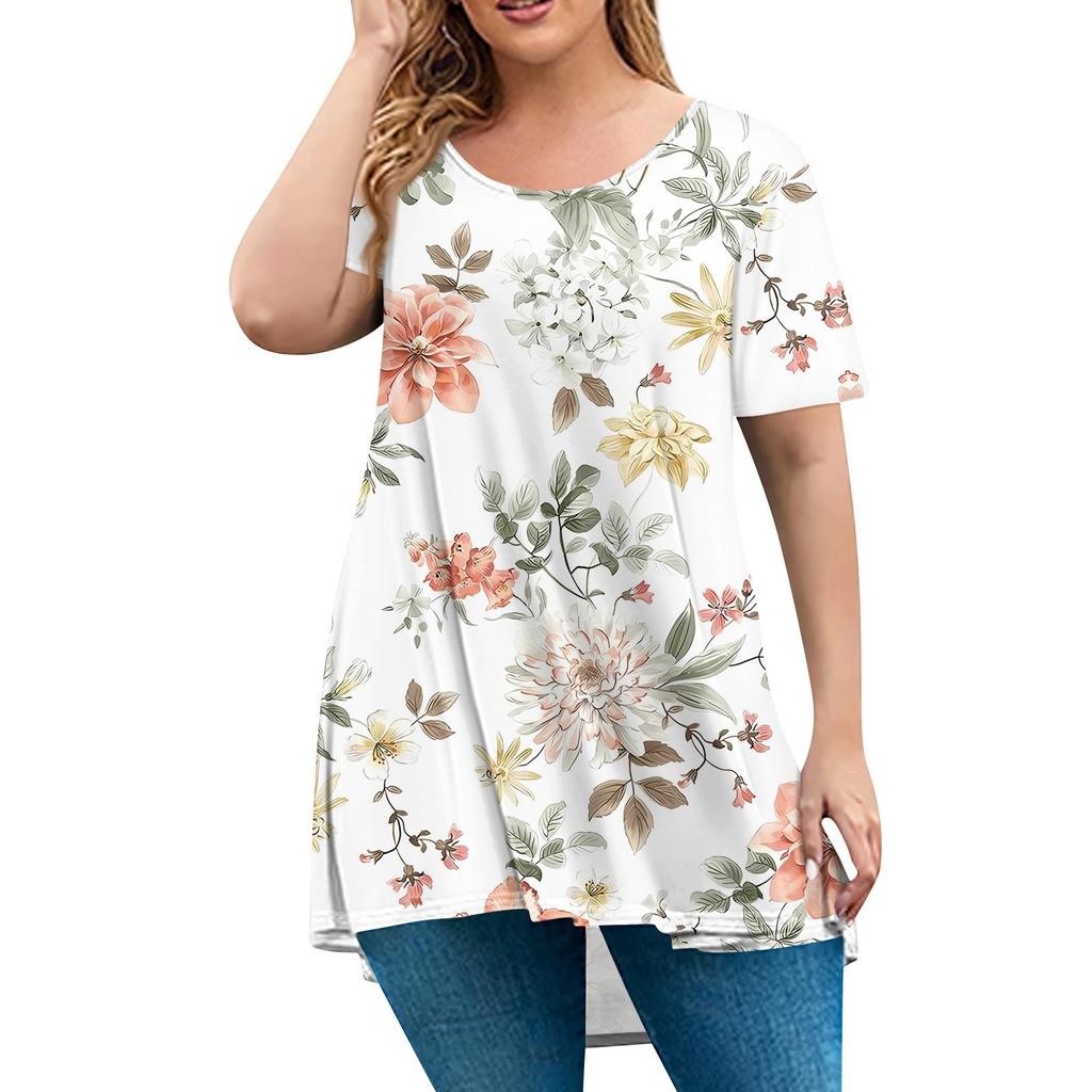 Damenmode Große Größe Rundhals Kurzarm Casual Print Lose Pullover Top