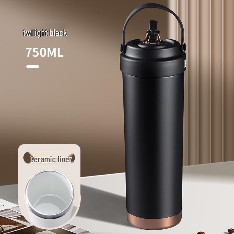 Premium Ceramic Coffee Cup with Straw - Insulated Double Wall Design for Men & Women, Cold/Heat Retention, Engraved Handle.