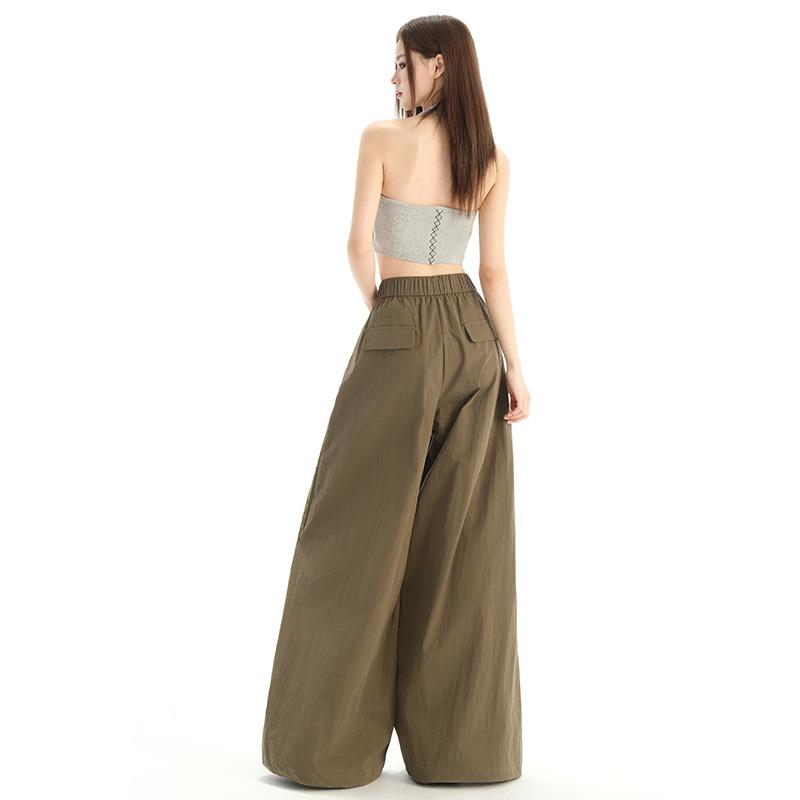 Yuppi Spice Girls, American Retro Wide Leg Overalls Women's Loose Straight Tie Casual Pants Summer
