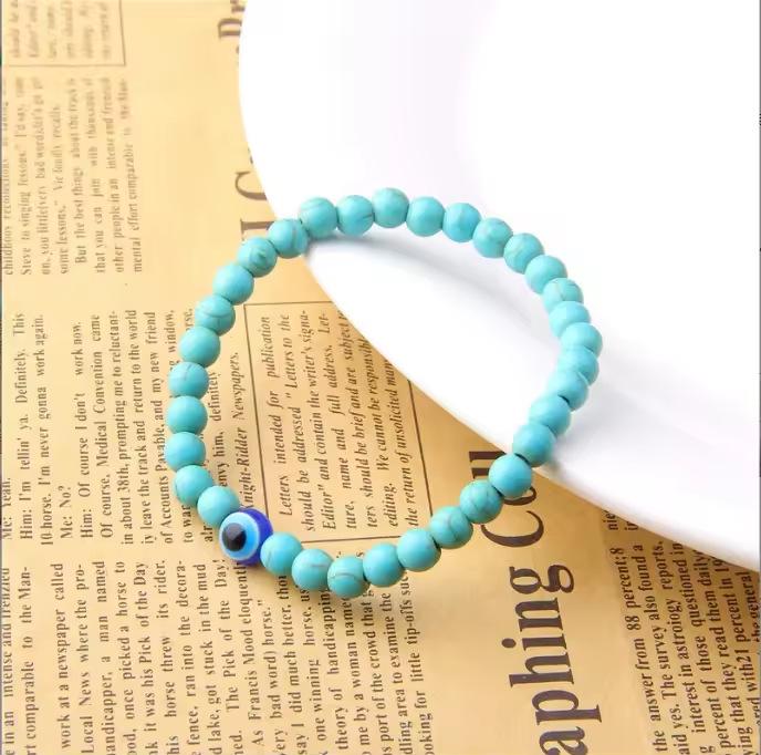 Retro Devil's Eye Bracelet: 6mm Tiger Eye & White Turquoise Beads, Elastic & Versatile