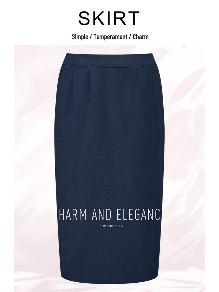 Women's Navy Blue A-Line Over-the-Knee Pencil Skirt - Professional Formal Wear