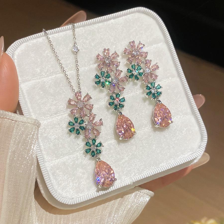 

Luxury Pink Green CZ Cubic Zirconia Flower Jewelry Sets for Women Silver Plated Copper Pendant Necklaces Dangle Earrings