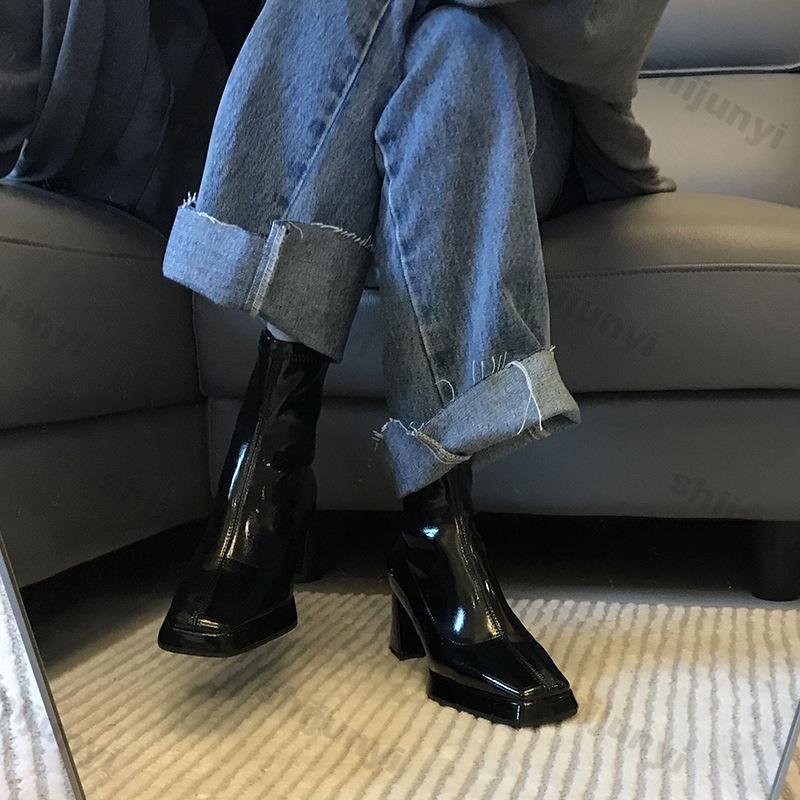 Women's High Heel Ankle Boots Square Toe Patent Leather Zipper Short Boots Woman Solid Color Chunky Mid Heel Botas Mujer