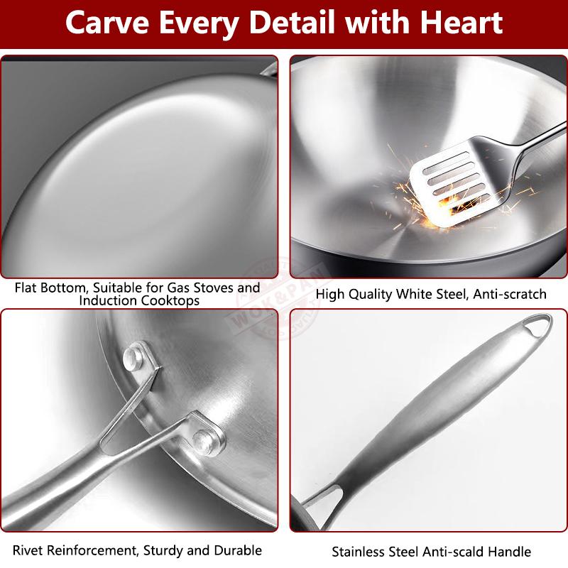 Tri-Ply Stainless Steel Wok Pan 12.6 Inch Stir-Frying Pan Induction Cooking Pan Dishwasher and Oven Safe with Auxiliary Handle