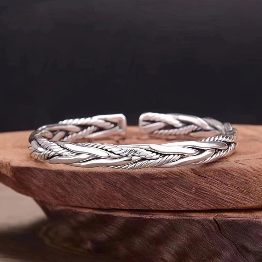 Hip-hop Personality Ancient Silver Weave Twist Opening Adjustable Bangles for Men Women Couple Retro Simple Jewelry Accessories