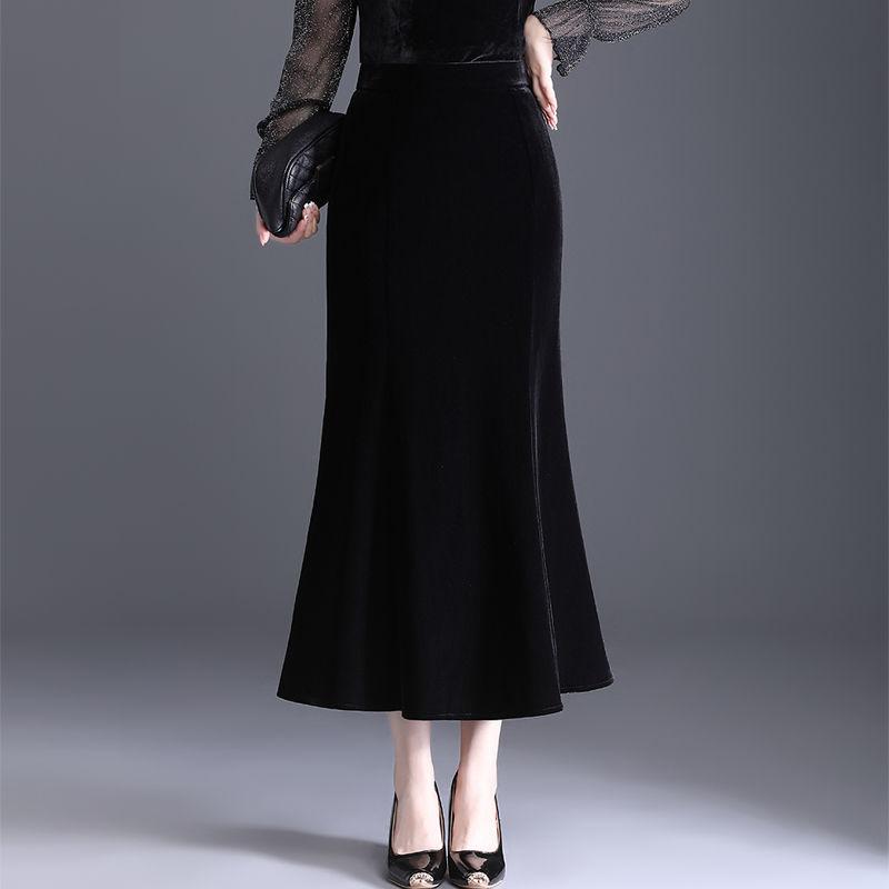 Autumn Winter Velvet Pencil Skirt High Waist Slim Fit Stretchy Wrap Fish Tail Midi Skirt Elegant Bodycon