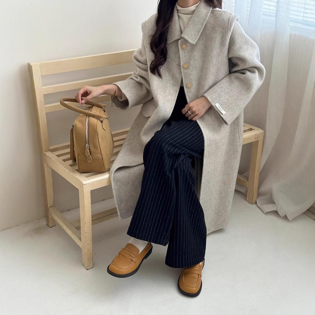 Doll collar high-end medium and long simple single-breasted double-sided wool coat, thickened large cuffs cashmere jacket