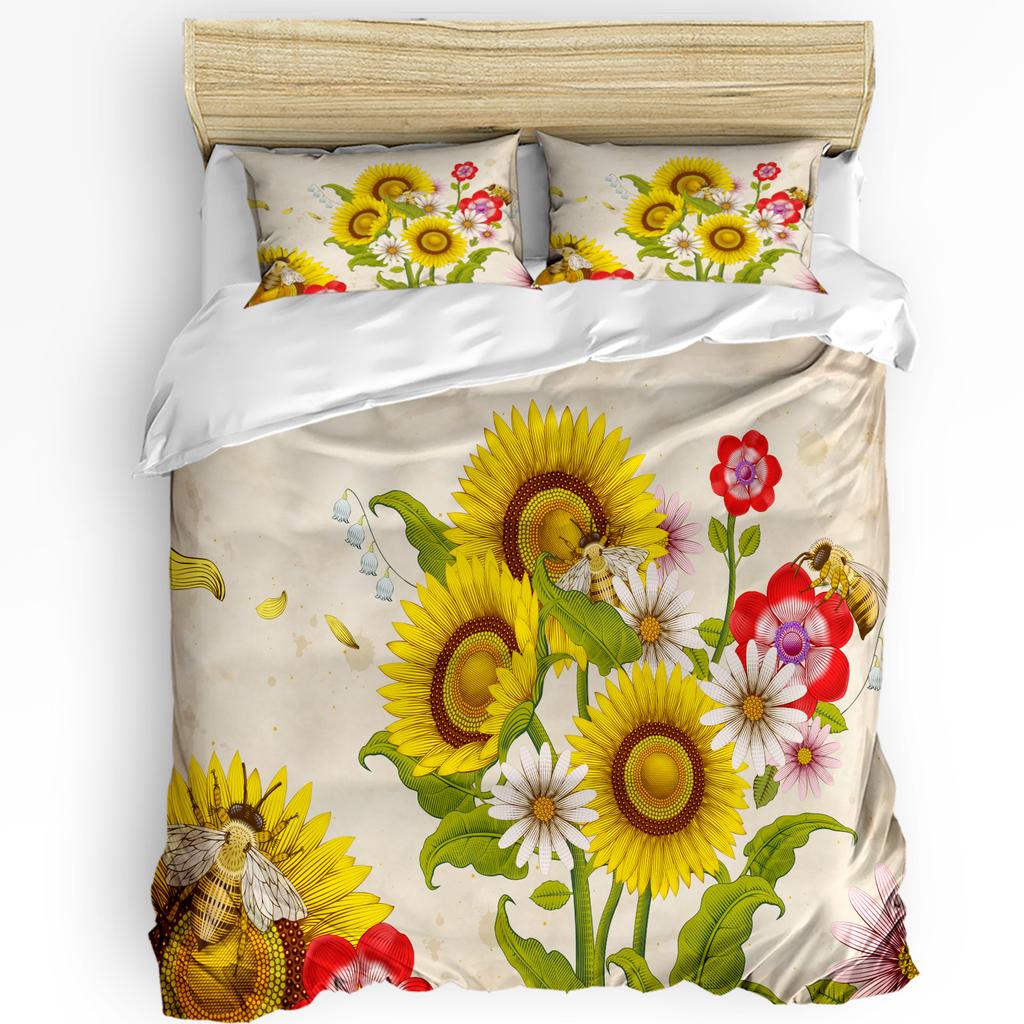 Bee Honey Flower Yellow Printed Comfort Duvet Cover Pillow Case Home Textile Quilt Cover Boy Kid Teen Girl 3pcs Bedding Set