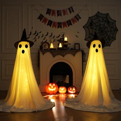 Yousheng 55" Solární duch pro Halloween venkovní dekorace vodotěsný svítící stojící bílý duch s čarodějnickým kloboukem na přední verandu dvůr zahrady