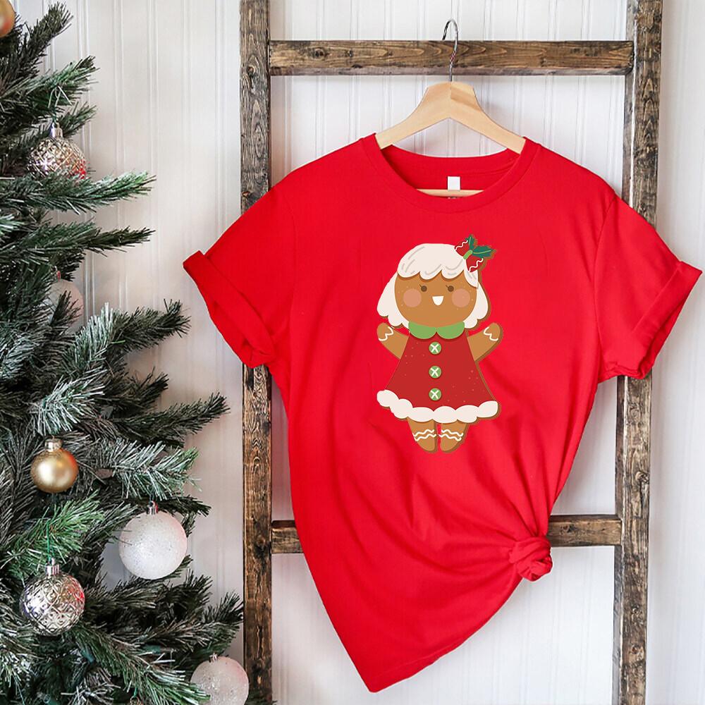 Christmas Cookie Print T-shirt Red Short Sleeve Xmas Party Clothes