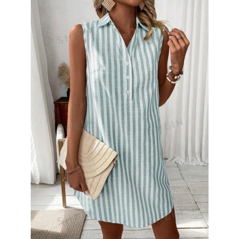 Ein ärmelloses V-Ausschnitt Hemdkleid mit Knopfleiste und Streifen für eine modische, lockere und lässige Frau