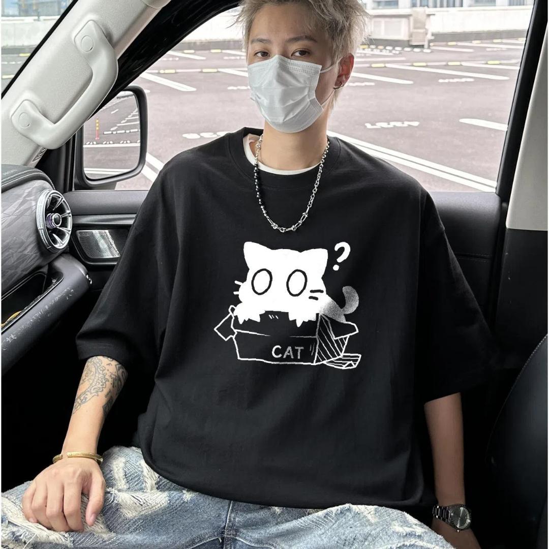 

Футболки Harajuku з котячим принтом Чоловічий одяг великого розміру з коротким рукавом Бавовна Літо унісекс Топи Y2k Модні брендові чоловічі футболки XL