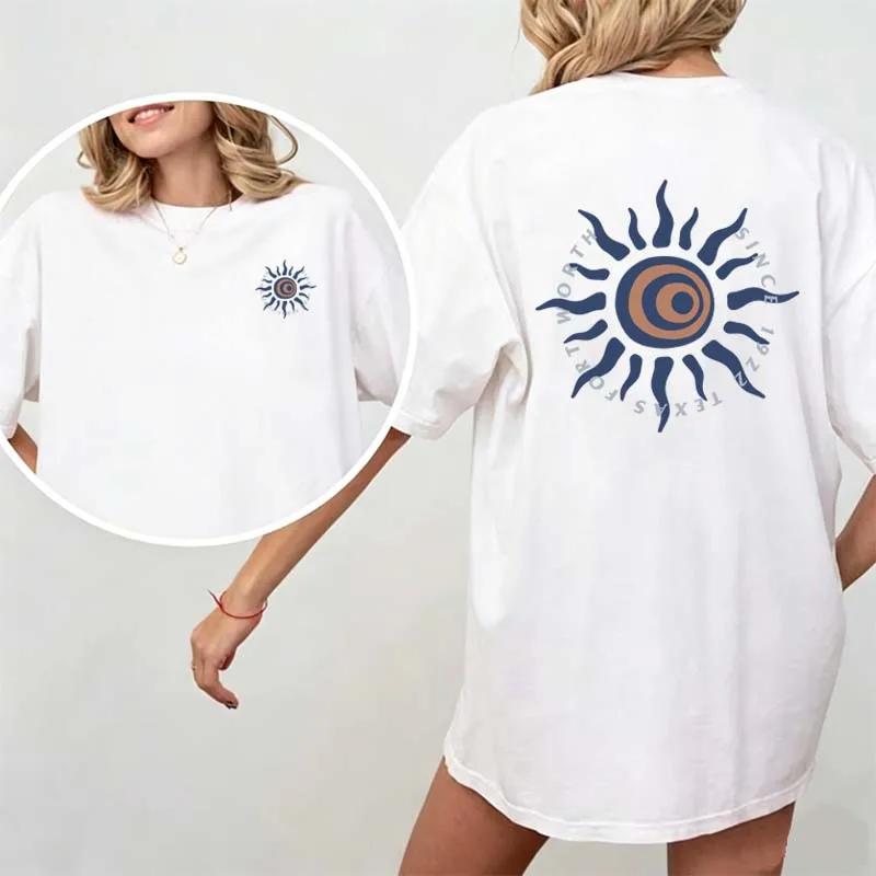 Blue Sun Print Tshirts Summer Unisex Casual Fashion Funny High Street Tops Comfortable Crew Neck Short Sleeve Cotton Tshirts