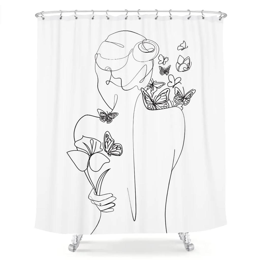 Abstract Hand Painting Shower Curtains Women Sketch Bath Curtain Lover Human Body Minimalist Art Waterproof Bathroom Curtains