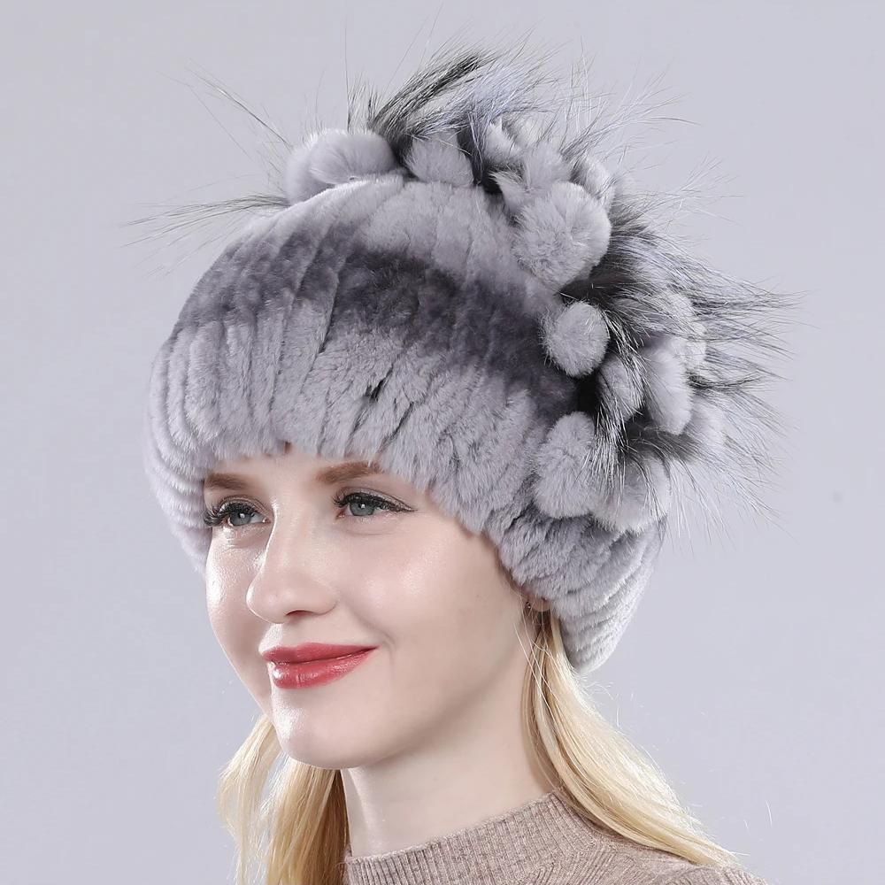 Brand Women Genuine Rex Rabbit Fur Hats Winter Rex Rabbit Fur Beanies Striped Top Flower Fox Fur Warm Real Fur Knit Caps