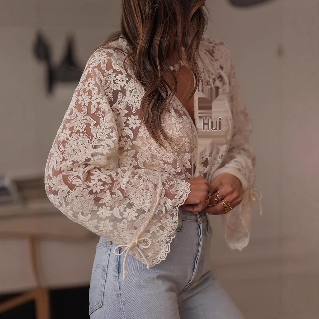 In Stock 2025 Elegant High-Grade Patchwork Hollow Embroidery Lace Shirt for Women