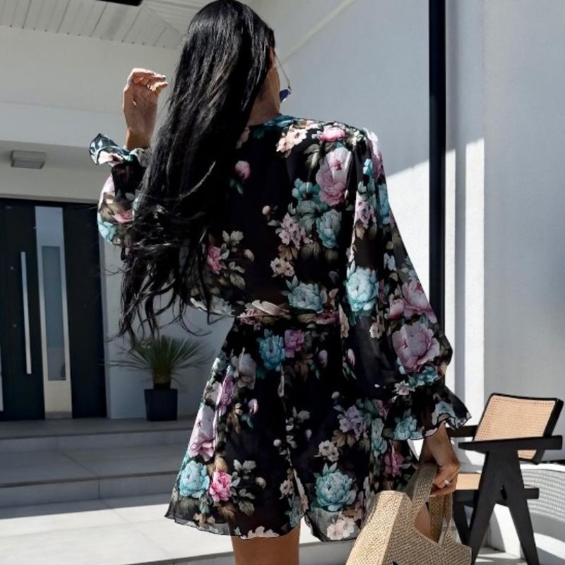 Neue Mode Vintage Puffärmel Print Floral Jumpsuits Damen Elegant Slim Fit Casual Damen Strampler V-Ausschnitt Schnürung Bürodame Sommer Bodys 26160