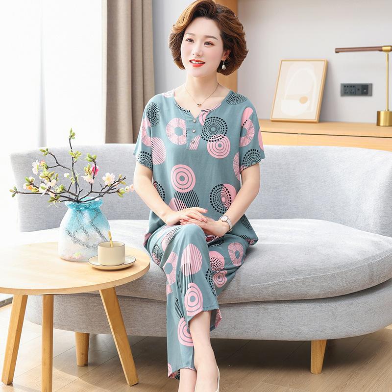 

Пижама из хлопка и шелка для женщин среднего и пожилого возраста, летний костюм с короткими рукавами, летний костюм из хлопка и шелка для мам и женщин, домашний сервис 2XL