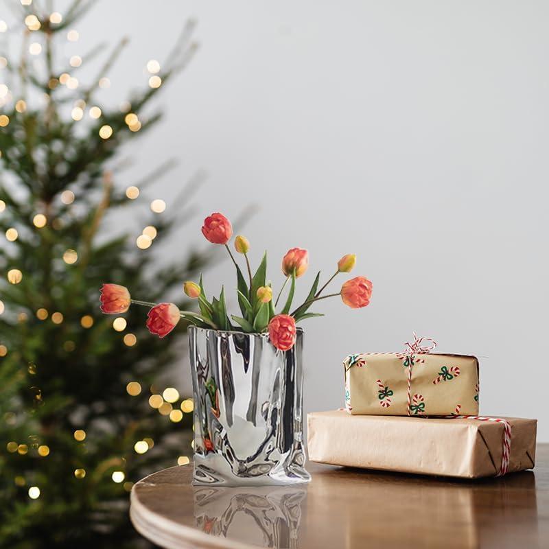 WTEMPO Ceramic Silvery Flower Vase Crinkle Paper Shaped Decorative Large Vase Ornaments for Living Room Home Decorations