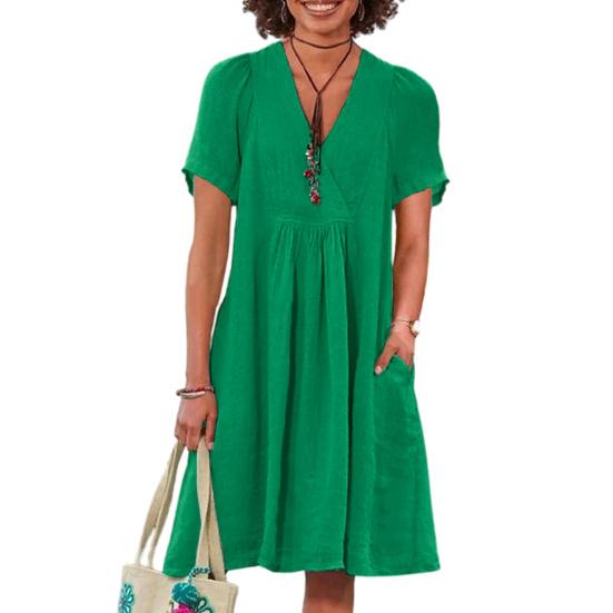 Vestido Feminino de Algodão e Linho Manga Curta Decote V Linha A Rodado Verão Casual Praia Férias Vestido de Sol com Bolsos