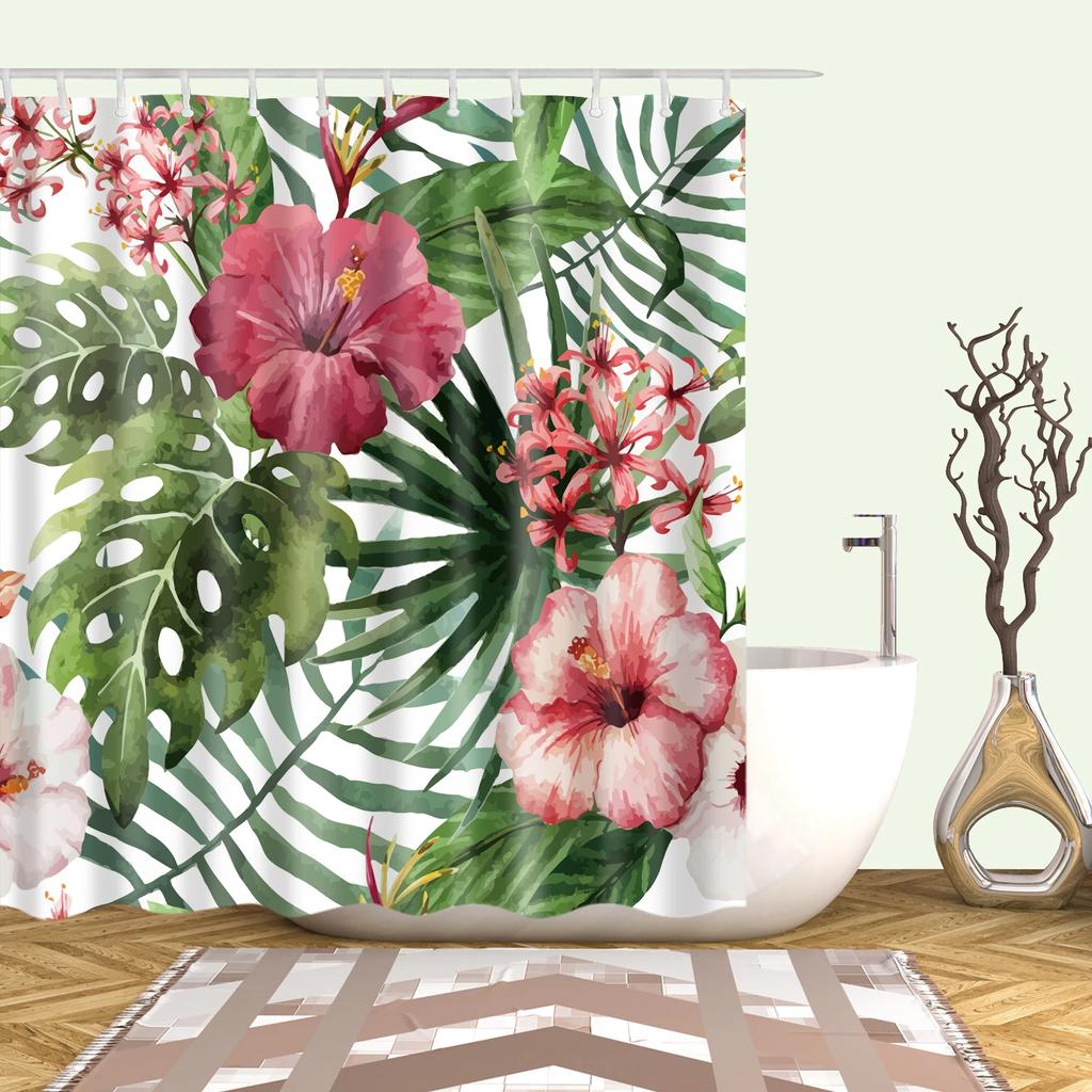 Watercolor Tropical Leaves Shower Curtain Waterproof Mildew Resistant Polyester Fabric With 12 Hooks Easy Installation For Bathr