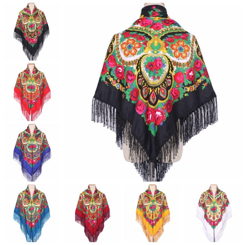 Floral Print Square Scarf Big Size Head Wraps Fashion Tassel Headscarf  Girl